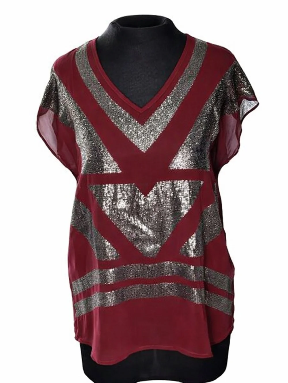 BLACK by Saks Fifth Avenue Burgundy Sequin Chevron Top Size M Y2K Glam - Picture 4 of 9